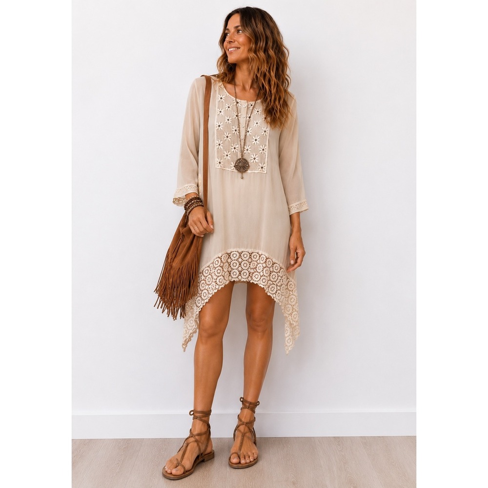 Love and Liberty Silk Tunic Dress Small Cream Crochet Lace Handkerchief Hem Boho